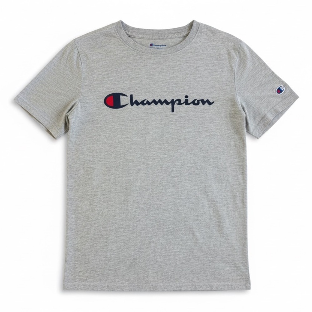 Champion Logo Graphic T-Shirt Gray Short Sleeve Athletic Tee Kids XL